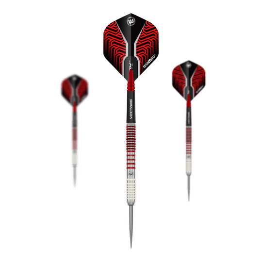 Abgebildet ist ein Set Winmau Team 360 Jack Johnson Steeldarts mit einem Gewicht von 24g. Die Pfeile sind für das Steeldartspiel geeignet.