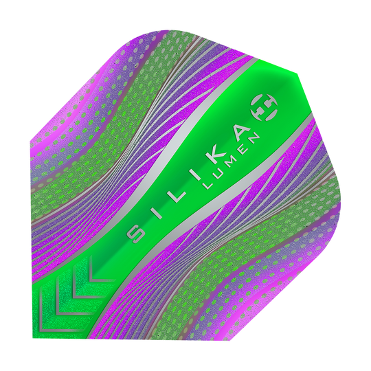 Das Bild zeigt das Produkt "Harrows Silika Lumen Purple Green No6 Flights". Das Flight ist überwiegend grün und lila mit futuristischen Mustern und dem Schriftzug "SILIKA LUMEN" in der Mitte.