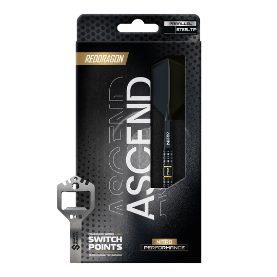 Zu sehen sind drei Red Dragon Ascend Parallel Switch Point Steeldarts gruppiert in einer Reihe. Die Darts heben ihre hochwertige Verarbeitung hervor.