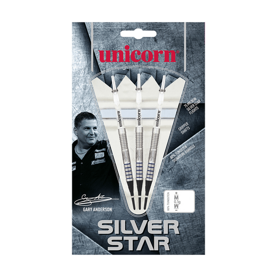 Das Bild zeigt eine Packung „Unicorn Silver Star Var.2 Gary Anderson Softdarts“. Auf der Verpackung sind drei Softdarts und ein Foto von Gary Anderson abgebildet.