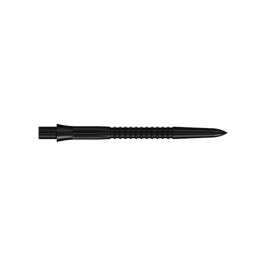 Mission Caliburn EVO Dart Tips GV1 - Black Schwarze Steeldartspitzen, 32 mm lang aus der Misson Caliburn EVO GV1 Serie. Die Aufnahme zeigt zwei Dartspitzen nebeneinander.