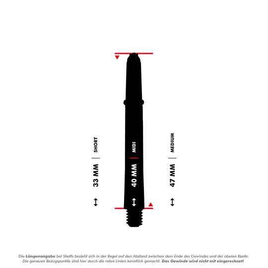 HR383_Harrows_Supergrip_Ignite_Shafts_5_40mmPD6dtkW8Fvicr Das Bild zeigt die Harrows Supergrip Ignite Shafts in Grün. Es werden die Längen der Shafts in den Varianten Short (33 mm), Midi (40 mm) und Medium (47 mm) dargestellt.