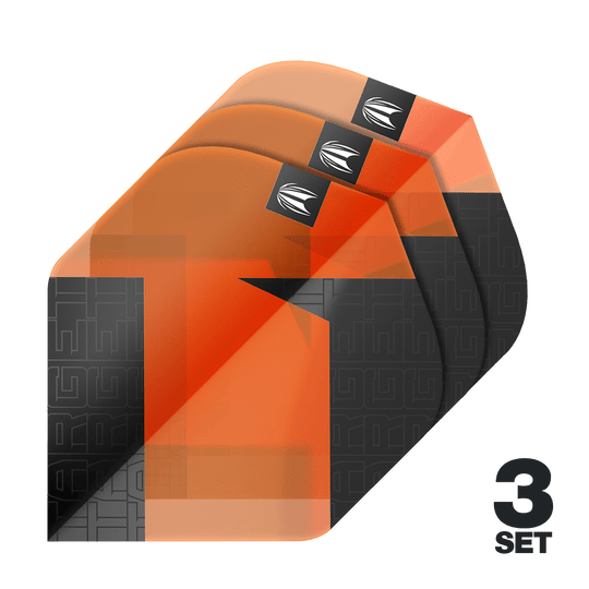 Target Pro Ultra TAG Orange No2 Standard Flights - 3 sets Das Bild zeigt drei orangefarbene Standard Flights für Darts mit schwarzem Muster. In der rechten unteren Ecke steht "3 SET".
