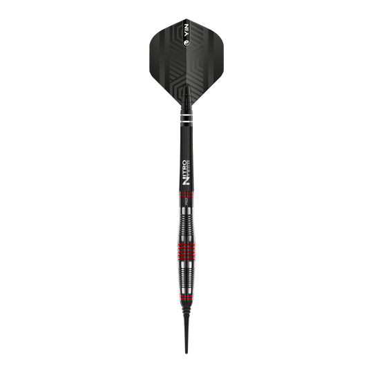 Red Dragon Marlin Venom Soft Darts - 22g Das Bild zeigt einen Red Dragon Marlin Venom Softdart mit einem Gewicht von 22g. Der Dart hat ein modernes Design mit schwarzen und roten Akzenten.