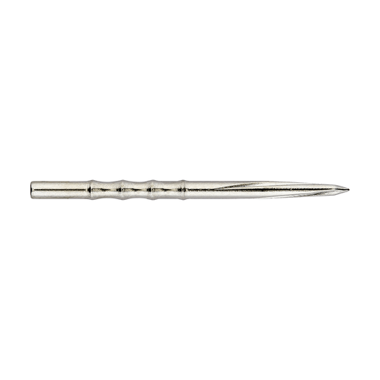 Unicorn Volute Scalloped Steel Dart Tips Das Bild zeigt eine silberne Steeldartspitze mit einem gerillten Design. Die Spitze ist schlank und hat eine profilierte, leicht gewellte Oberfläche.