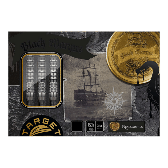 Target Japan Black Marque Renegade 4 Softdarts - 19g Das Bild zeigt die Verpackung der „Target Japan Black Marque Renegade 4 Softdarts – 19g“. Auf der Verpackung sind drei Dartpfeile, ein altes Segelschiff und eine goldene Münze mit dem Schriftzug „Black Marque“ abgebildet.