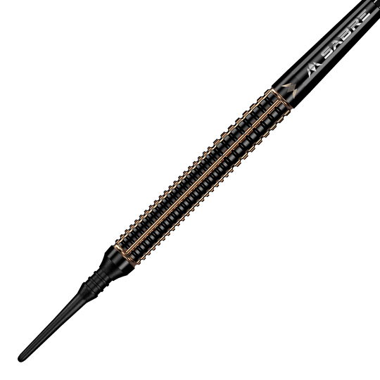 Mission Scorpion soft darts - 19g Das Bild zeigt einen Mission Scorpion Softdart mit einem Gewicht von 19 Gramm. Der Dart hat ein elegantes, schwarzes Design mit goldfarbenen Akzenten.