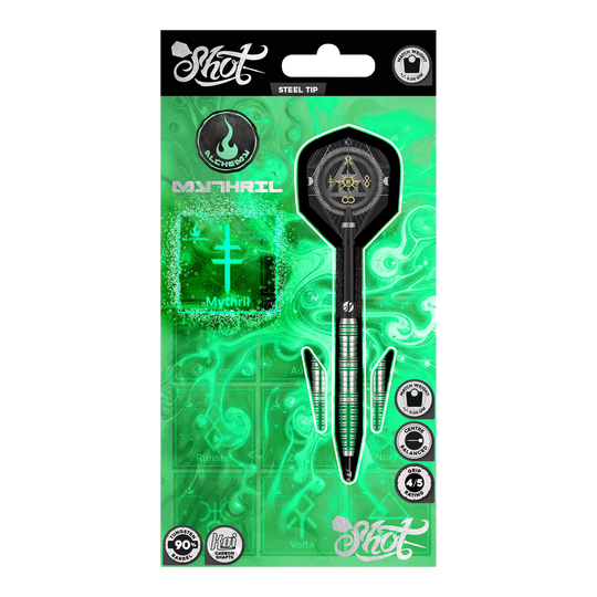 Shot Alchemy Mythril steel darts Dieses Bild zeigt die Shot Alchemy Mythril Steeldarts. Das Design der Steeldarts ist detailliert und modern.