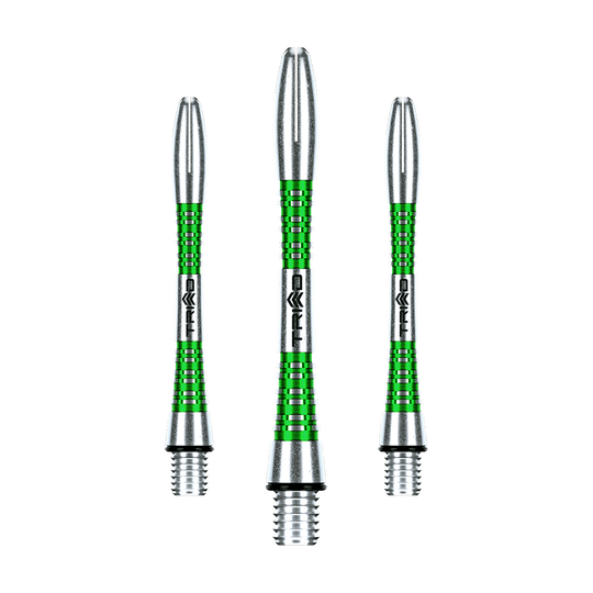 7013-403_Winmau_Triad_Aluminium_Shafts_Gr-n_41mm_1LUSPmNeAebMpS Winmau Triad Aluminium Shafts einzeln angeordnet. Die Schäfte zeigen geradlinige Strukturen.