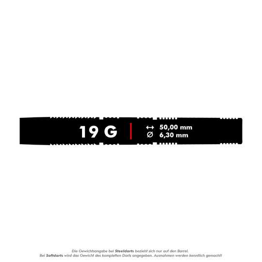 Target Gabriel Clemens 95K soft darts - 19g Das Bild zeigt Angaben zum Produkt "Target Gabriel Clemens 95K Softdarts - 19g". Der Dart wiegt 19 Gramm, ist 50,00 mm lang und hat einen Durchmesser von 6,30 mm.