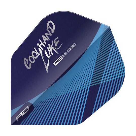 Red Dragon Luke Humphries Coolhand Blue Silver No6 Flights Das Bild zeigt ein Dartflight in Blau mit silbernen und blauen Linien. Auf dem Flight steht der Schriftzug „Coolhand Luke“ und das Logo „RD Pro Design“.