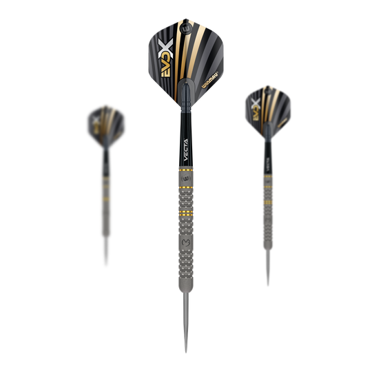Das Bild zeigt drei Winmau Michael Van Gerwen Evo-X Steeldarts mit schwarzer und goldener Optik. Die Darts haben ein modernes Design und sind in einer Vorder- und zwei Seitenansichten dargestellt.