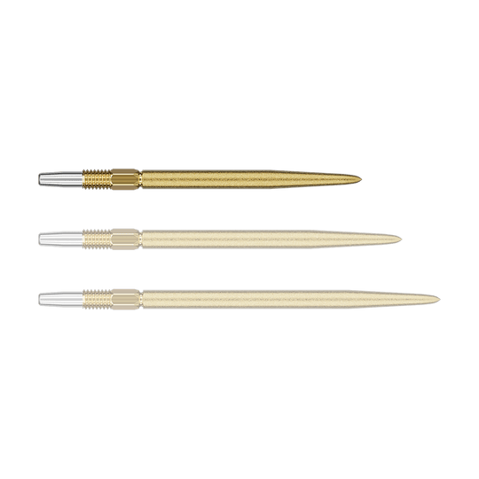 Target Swiss Point SLK dart tips - gold Das Bild zeigt drei goldene Dartspitzen mit silbernem Gewinde. Die Dartspitzen sind in unterschiedlichen Perspektiven angeordnet.