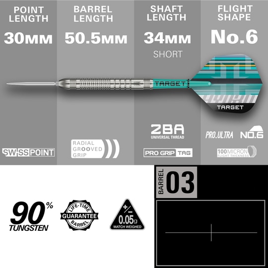 Target Hydro 03 Swiss Point steel darts Das Bild zeigt die Target Hydro 03 Swiss Point Steeldarts. Die Darts sind auf hellem Hintergrund gut sichtbar dargestellt.