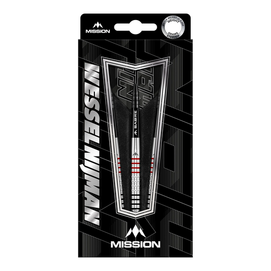 Mission Wessel Nijman steel darts - 23g Die Abbildung zeigt die Mission Wessel Nijman Steeldarts mit einem Gewicht von 23 Gramm in ihrer Verpackung. Die Darts sind silberfarben mit schwarzen und roten Akzenten gestaltet und tragen das Mission-Logo.
