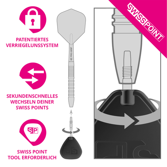 Target Swiss Point Storm Surge steel dart tips - gold Das Bild zeigt ein patentiertes Verriegelungssystem für Dartspitzen namens Swiss Point. Es erklärt, dass der Wechsel der Spitzen in Sekundenschnelle mit einem speziellen Werkzeug möglich ist.