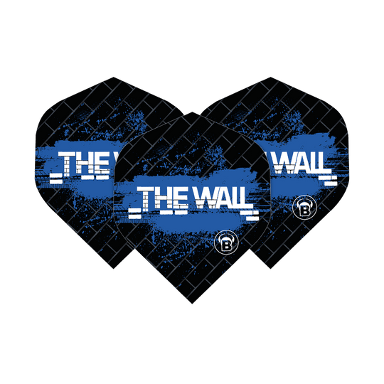 Bulls B-Star Martin Schindler Black Blue No2 Standard Flights Das Bild zeigt drei schwarze Dart-Flights mit blauen Akzenten und der Aufschrift „THE WALL“. Es handelt sich um die Bulls B-Star Martin Schindler Black Blue No2 Standard Flights.