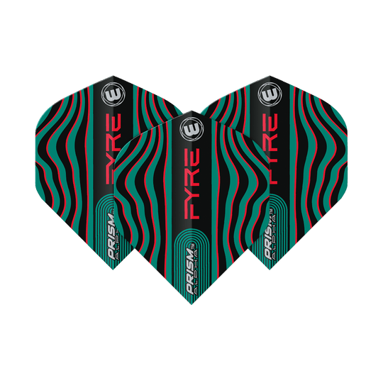 Das Bild zeigt drei Dart-Flights des Modells "Winmau Prism Alpha Fyre" in Schwarz, Türkis und Rot. Die Flights haben ein auffälliges, wellenförmiges Linienmuster und die Wörter "FYRE" und "PRISM" sind darauf zu sehen.