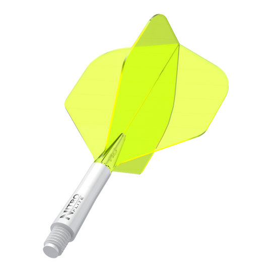 Red Dragon Nitroflite - White Shaft Yellow No2 Flights Das Bild zeigt einen gelben Dartflight mit einem weißen Schaft. Auf dem Schaft steht der Text "NITRO FLITE".