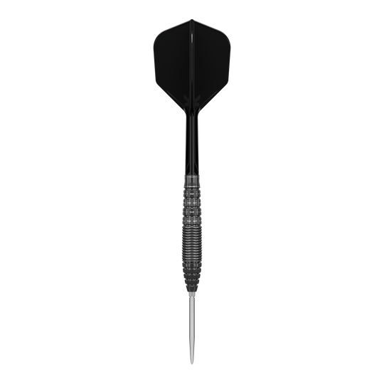 Target Japan Black Marque Phantom Swiss Point Steel Darts Das Bild zeigt einen eleganten, schwarz-silbernen Steeldartpfeil mit metallischer Spitze. Es handelt sich um das Modell "Target Japan Black Marque Phantom Swiss Point Steeldarts".