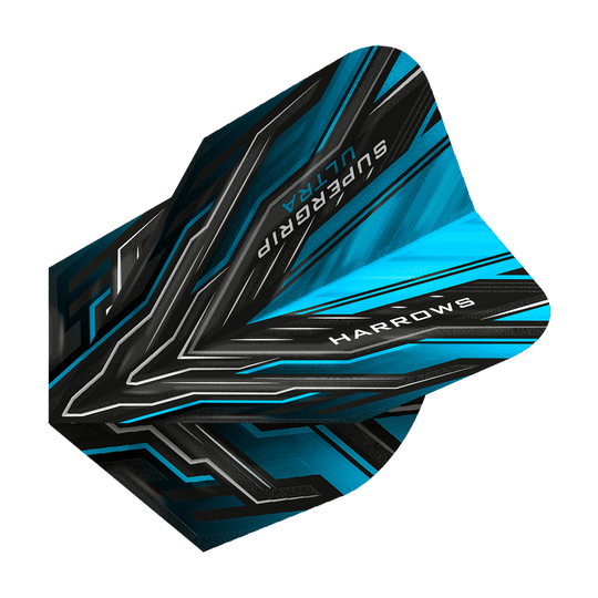 Das Bild zeigt das Produkt "Harrows Supergrip Ultra Aqua Standard Flights". Die Dart-Flights sind überwiegend schwarz und blau mit modernen, grafischen Mustern.