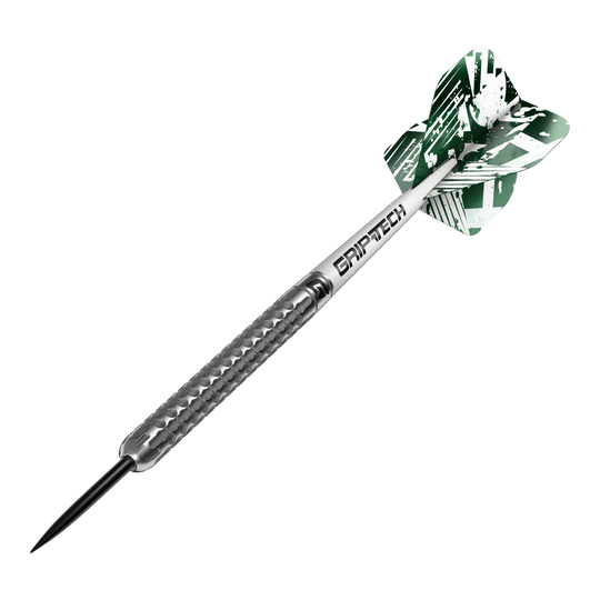 GOAT Fairway V1 Tungsten Steel Darts Das Bild zeigt einen GOAT Fairway V1 Tungsten-Steeldart mit silbernem, strukturiertem Griff. Am hinteren Ende befindet sich ein grüner Flight mit weißem Muster und der Aufschrift "GRIPTECH".