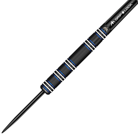Das Bild zeigt einen schwarzen Titan-Steeldart namens "Mission Alan Soutar Black Titanium Steeldarts - 24g". Der Dart hat blaue und silberne Akzente und eine strukturierte Oberfläche für besseren Halt.