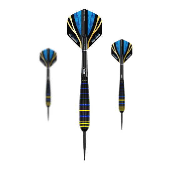Red Dragon Luke Humphries World Champion Brass Steel Darts Das Bild zeigt drei Luke Humphries World Champion Brass Steeldarts von Red Dragon. Die Darts haben schwarze, blaue und gelbe Akzente sowie auffällige Flights mit blauem Muster.