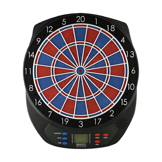Das Bild zeigt das Bulls Scorpy Elektronik Dartboard. Es hat eine bunte Zielscheibe mit roten und blauen Feldern sowie ein digitales Bedienfeld unten.