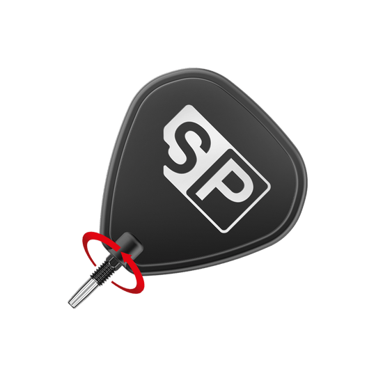 Target Swiss Point RVE dart tips - Black Das Bild zeigt eine schwarze Dartspitze mit der Aufschrift "SP" in Weiß. Ein roter Pfeil deutet auf die Richtung hin, in der die Spitze eingedreht werden soll.