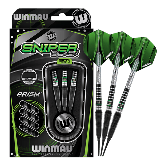 Winmau Sniper Black 2025 soft darts - 20g Das Bild zeigt die Winmau Sniper Black 2025 Softdarts mit einem Gewicht von 20g. Die Darts sind schwarz und grün gestaltet und werden in einer Verpackung mit drei Stück präsentiert.