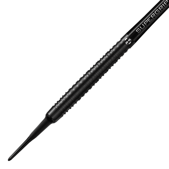 Harrows NX90 Black Edition soft darts Dieses Bild zeigt den Harrows NX90 Black-Edition Softdart. Der Dart ist komplett schwarz und hat eine geriffelte, griffige Oberfläche.