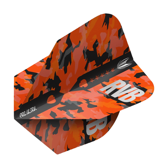 TG66_334410_Target_ProUltra_Barney_Army_Camo_Ten-X_Flights_2 Das Bild zeigt ein Dart Flight mit einem auffälligen orange-schwarzen Camouflage-Muster. Auf dem Flight stehen die Buchstaben "RVB" und das Produkt heißt "Target ProUltra Barney Army Camo Ten-X Flights".