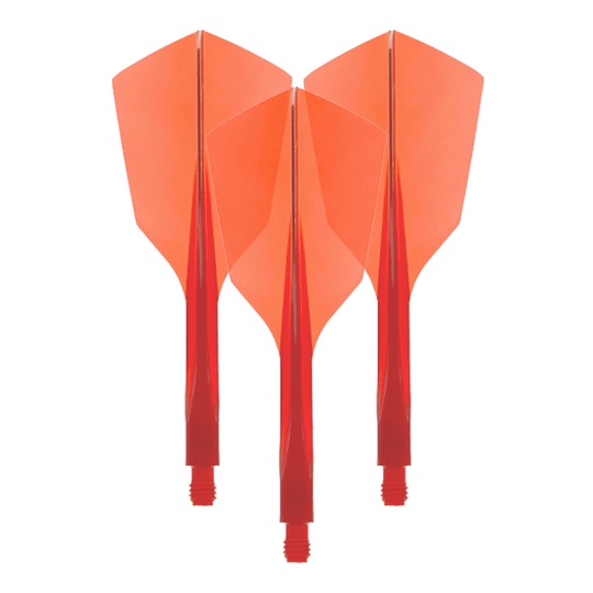 Das Bild zeigt drei rote Dartflights aus Kunststoff mit schmaler Form. Es handelt sich um das Produkt "Condor Axe 120 Flight-System Clear Red - Narrow".