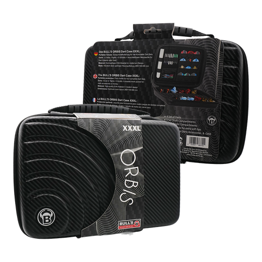 Das Bild zeigt das Produkt "Bulls Orbis XXL Dartcase - Carbongrey" in schwarzer Carbon-Optik. Das Dartcase ist groß und bietet Platz für mehrere Dart-Sets und Zubehör.