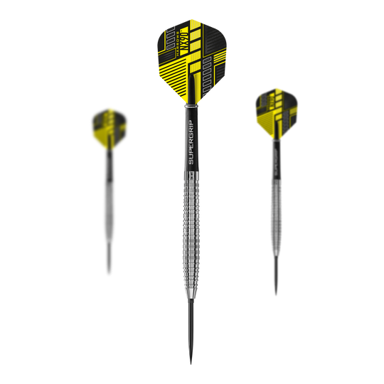 Das Bild präsentiert ein Set der Harrows NX90 Tapered Quick Point Steeldarts. Die Darts sind hochwertig verarbeitet und robust.