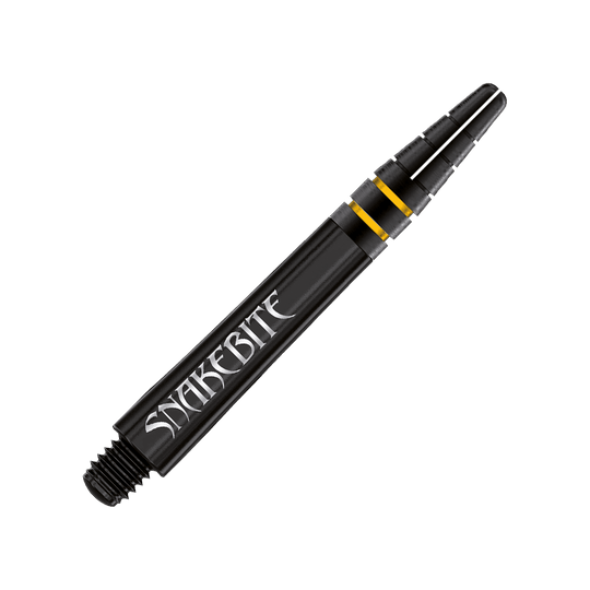 Das Bild zeigt einen schwarzen Dart-Schaft mit der Aufschrift "Snakebite". Es handelt sich um den "Red Dragon Nitrotech Peter Wright Shaft Schwarz" in der Länge von 39 mm.
