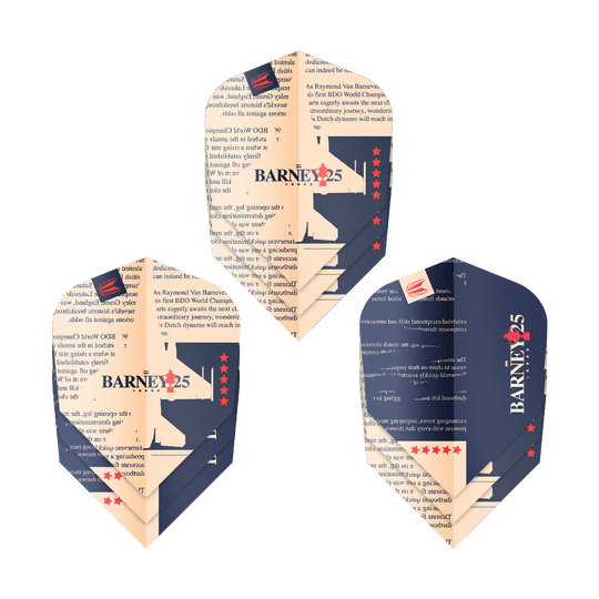 Das Bild zeigt drei Dart-Flights mit dem Design „BARNEY25“ und Sternen. Sie sind in den Farben Dunkelblau und Beige gehalten und tragen Text sowie ein Logo.