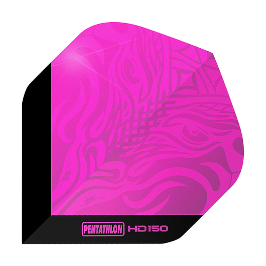Pentathlon HD150 Metallic Pink Standard Flights Das Bild zeigt den Pentathlon HD150 Metallic Pink Standard Flight. Er ist in einem auffälligen Metallic-Pink gehalten und hat ein modernes Muster.