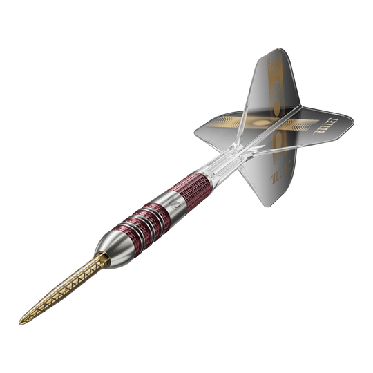 Das Bild zeigt einen Target Stephen Bunting 95K Swiss Point Steeldart. Der Dartpfeil hat einen metallic-roten Griff, eine goldene Spitze und schwarze Flights mit dem Schriftzug "BULLET".