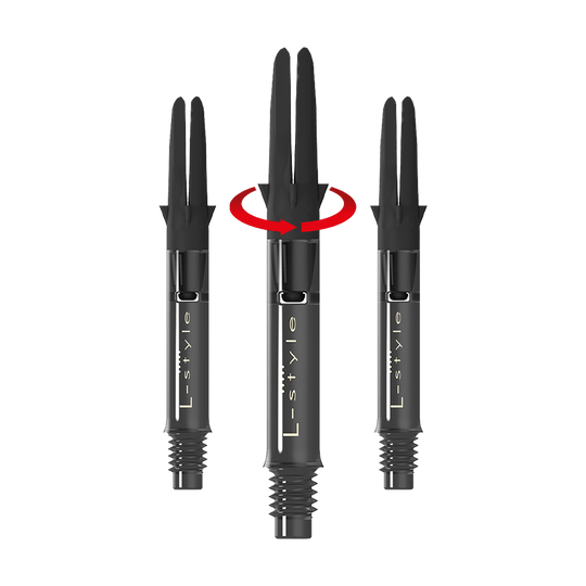 L-L-Style-Shaft Carbon Silent Straight - Schwarz Das Bild zeigt drei schwarze Dartschäfte der Marke L-Style in einer geraden Anordnung. Über dem mittleren Schaft ist ein roter Pfeil, der eine Drehbewegung anzeigt.