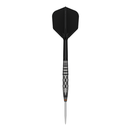 Das Bild zeigt einen Target Japan Black Marque Dancing Duck GEN 4 Steeldart. Der Dartpfeil hat ein elegantes, schwarzes Design mit einer metallischen, strukturierten Griffzone.