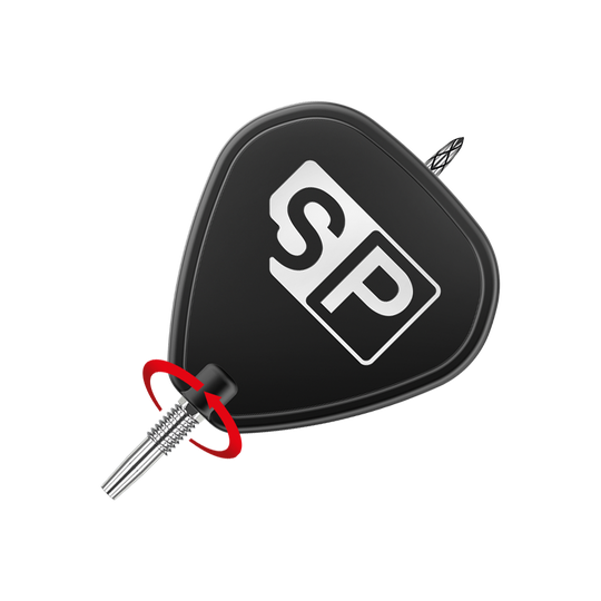 Target Swiss DS Surge Point Dart Tips - Silver Das Bild zeigt die Spitze eines Dartpfeils mit einem schwarzen Flight, auf dem die Buchstaben "SP" in Weiß abgebildet sind. Ein roter Pfeil weist auf den Befestigungspunkt der Spitze hin.