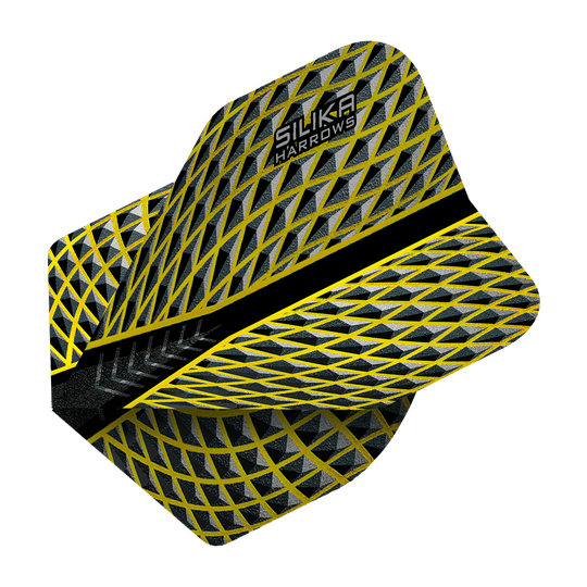 Das Bild zeigt das Produkt "Harrows Silika Yellow No2 Standard Flights". Das Flight hat ein auffälliges gelb-schwarzes Rautenmuster und trägt den Schriftzug "Silika Harrows".