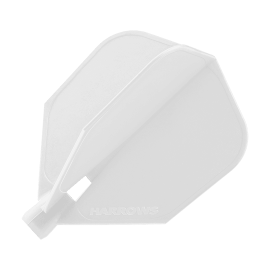 Das Bild zeigt ein weißes Dartflugblatt mit der Aufschrift "Harrows". Es handelt sich um das Modell "Harrows Clic Standard Flights - White".