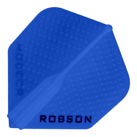 Robson Plus Dimple Flights - Blau Das Bild zeigt ein blaues Dart-Flight mit dem Namen "Robson Plus Dimple Flights - Blau". Auf dem Flight ist das Wort "ROBSON" in schwarzer Schrift zu sehen.