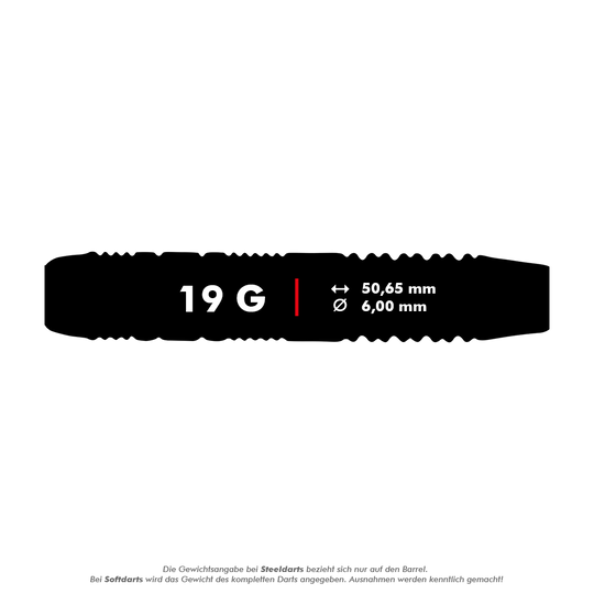 Unicorn Core Plus Rubberised Pink Softdarts - 19g Das Bild zeigt die Produktdetails der "Unicorn Core Plus Rubberised Pink Softdarts - 19g". Die Darts wiegen 19 Gramm und haben eine Länge von 50,65 mm sowie einen Durchmesser von 6,00 mm.