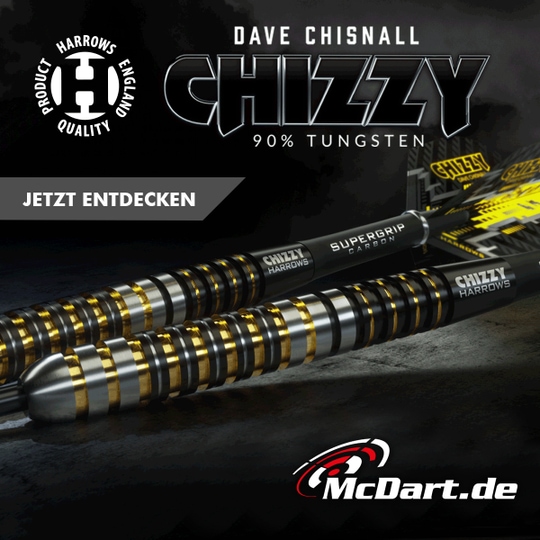 HA18192_Harrows_Dave_Chisnall_Chizzy_Steeldarts_admedia Das Bild zeigt die Harrows Dave Chisnall Chizzy Steeldarts mit 90% Tungsten. Die Darts haben ein auffälliges Design mit schwarzen und goldenen Ringen und sind auf der Webseite McDart.de erhältlich.