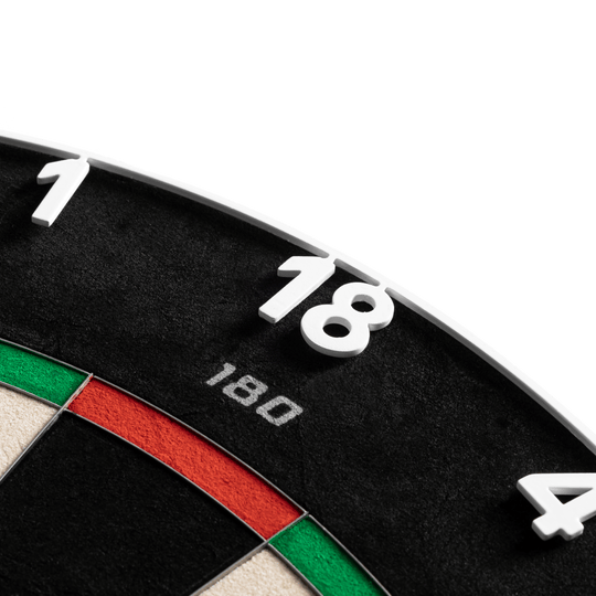 Das Precise 180 Endorphine Steeldartboard mit Nummernring in Weiß ist auf dem Bild zu erkennen. Die hochwertige Steeldartscheibe eignet sich für den professionellen Einsatz.