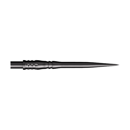 Shot Cone Rocket Steel Dart Tips - Black - 35mm Das Bild zeigt eine schwarze Steeldart-Spitze mit einer Länge von 35 mm. Die Spitze hat ein schlankes, spitz zulaufendes Design und strukturierte Rillen am Schaft.